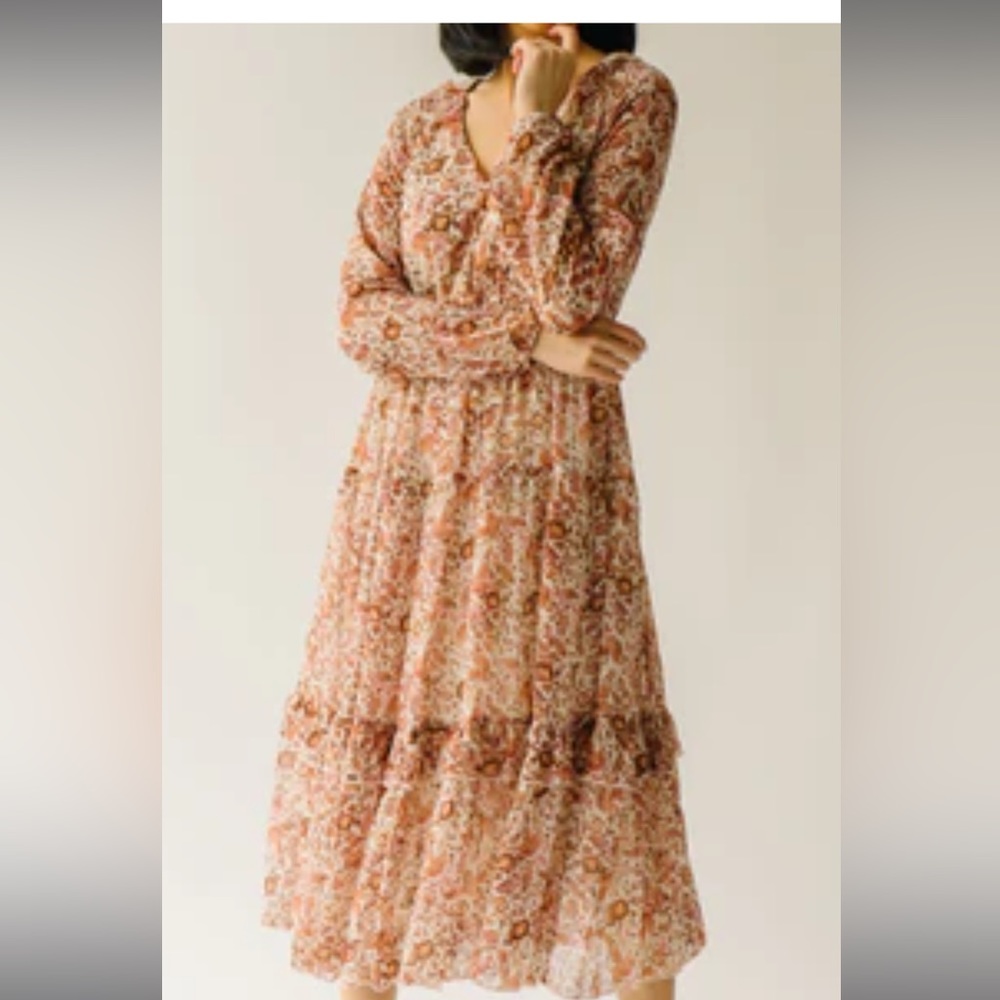 Piper & Scoot the Halpert tiered midi dress in cream with gold accents